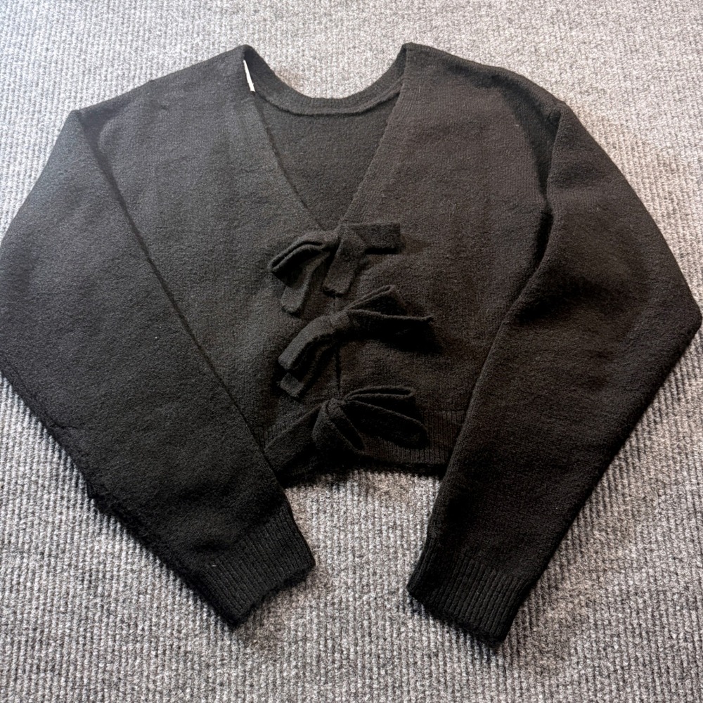 Mable Cardigan Sweater Womens M Black Bow Front Cropped Dark Academia Coquette